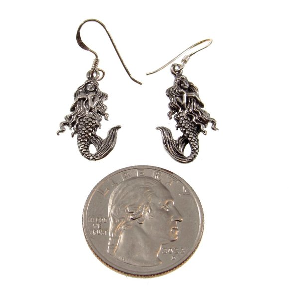 Handcrafted Solid 925 Sterling Silver 3D Mermaid Drop Dangle Hook Earrings - Picture 2 of 5